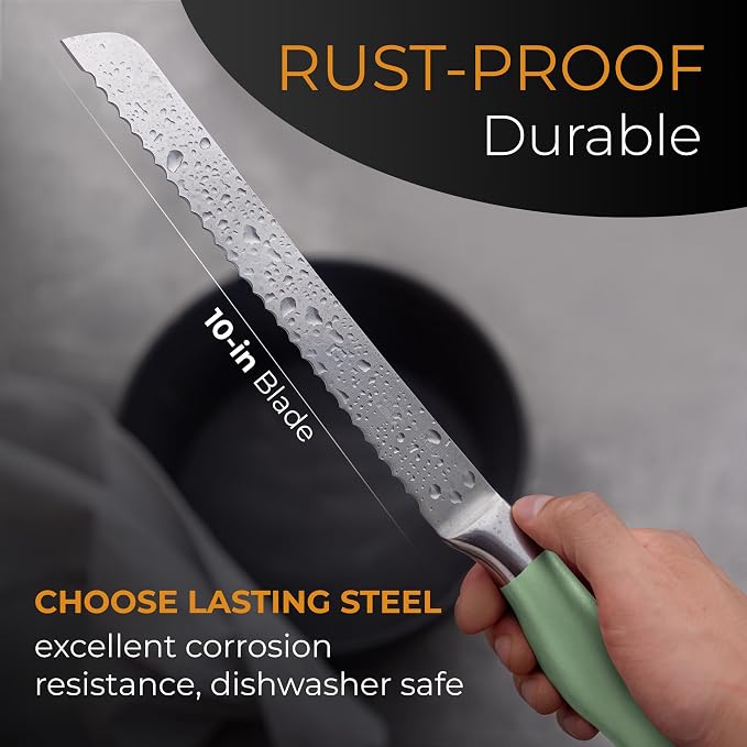 Orblue Bread Knife, 10-Inch Serrated Stainless Steel – Ultra Sharp for Crusty Artisan Bread, Bagels, Cakes & Pastries – Non-Slip Handle Slicer, Green