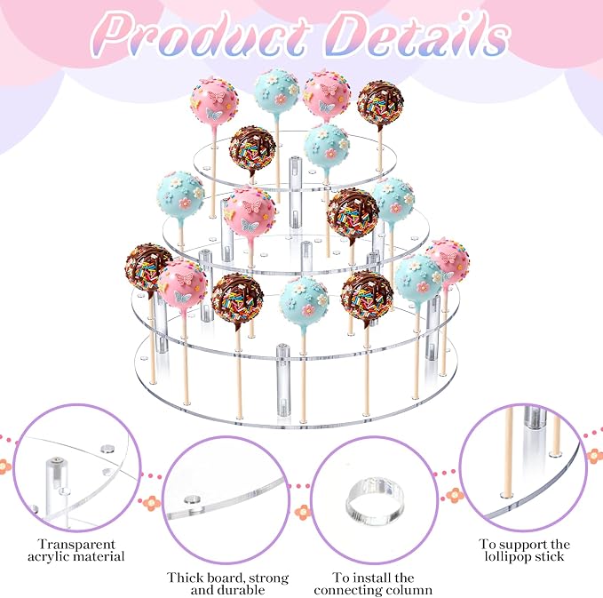 36 Holes Cake Pop Display Stand 3-Tier Clear Acrylic Lollipop Holder Cake Pop Stand for Displaying Candy Dessert, Round Cupcake Display Holder for Birthday, Party, Anniversary,Candy Bar