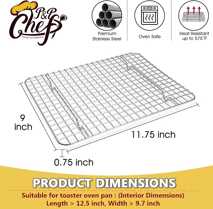 P&P CHEF 11.75 Inch Cooling Baking Rack Set of 2, Stainless Steel Grid Cooking Racks for Roasting Drying Grilling, Oven & Dishwasher Safe, Heavy Duty & Healthy