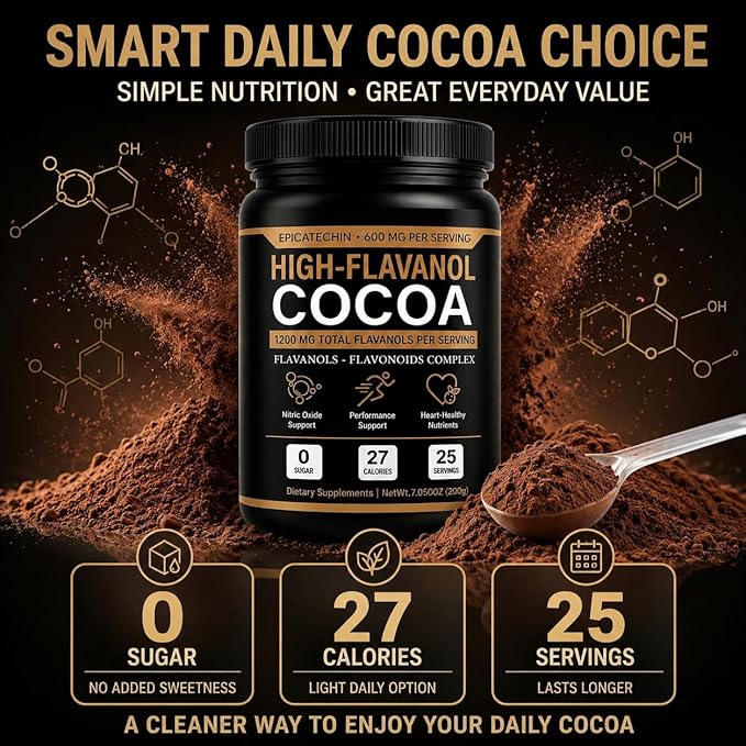 High Flavanol Cocoa Powder - 1200mg Flavanols & Flavonoids, High Flavanol Cacao with 600mg Epicatechin, 10X Concentrated Cocoa Extract for Baking, Cooking & Beverages, 200g