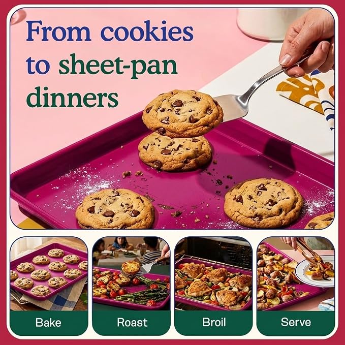 Great Jones Little Sheet (Raspberry) | Jelly Roll Pan, Quarter Sheet Pan | Aluminized Steel,13.5" x 9.5" | For Baking, Roasting, & Broiling | Premium Bakeware with Even Heat Distribution