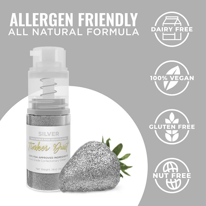 Bakell - Silver Tinker Dust (4g, 1x Mini Spray Pump) Edible Glitter for Food, Desserts, and Baked goods!