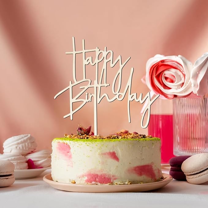 Happy Birthday Cake Topper Mirror Acrylic Cake Topper Side Cake Topper Gold Cake Insert Cake for Birthday Party (Wooden-4(4.3 * 5.9in))