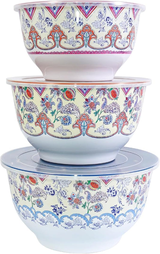 TP Mixing Bowl Set with Lids, 6-Piece Melamine Nesting Bowls Set for Pasta Baking Salad Mixing, Set of 3, Ottoman Floral