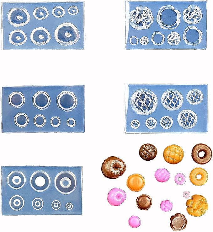 CoolDIY 3D Multipurpose Mini Silicone Mould Set: Bread, Doughnuts, Multiple Designs - Perfect for Clay Crafts, Nail Art Decor (5pcs Group1)