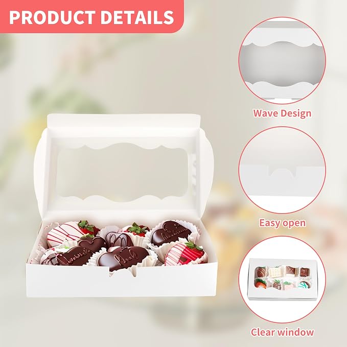 30 PCS Chocolate Covered Strawberries Boxes, 10 x 6 x 2 inch White Bakery Pie Boxes with Window, Cookies Box for Dessert Chocolate Covered Strawberries, Cakes
