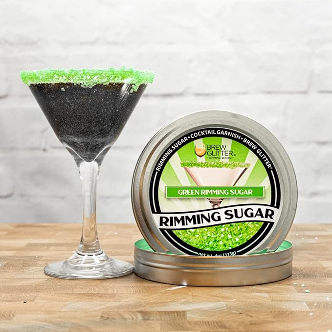 Brew Glitter - Green Rimming Sugar (4oz, 1x Bar Tin) Cocktail Garnish for Mixed Drinks & Refreshments