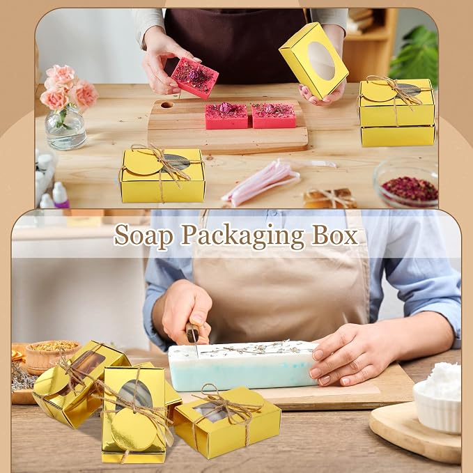 Yexiya 60 Pcs Homemade Soap Boxes 3.55 x 2.4 x 1.2 Inch Kraft Soap Box with Window Mini Gift Packaging Supplies for Homemade Bakery Candy Cookies Party Favor(Gold)