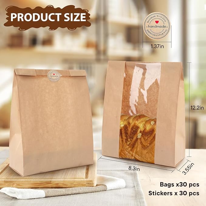 100 pack bread paper bags with window, including 100 homemade bread storage label seal stickers (13.7x8.3x3.5 inches)