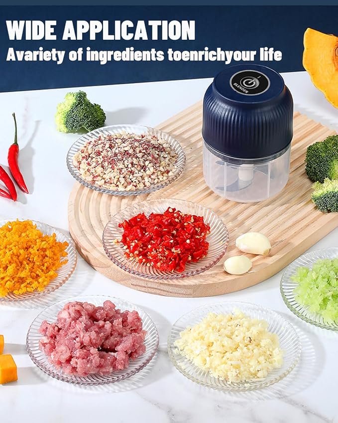 Household Electric Garlic Crusher - 350ML Portable Mini Food Processor, Rechargeable Vegetable Chopper, with 6 Stainless Steel Blades, for Garlic, Onion, Ginger, Chili (4 Blades Blue with Egg Beater)