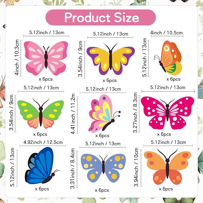 Vuzvuv 54Pcs Spring Colorful Butterfly Cutouts Paper with 100Pcs Glue Points for Wall Bulletin Board Decorations or Theme Party or Classroom Decor Supplies