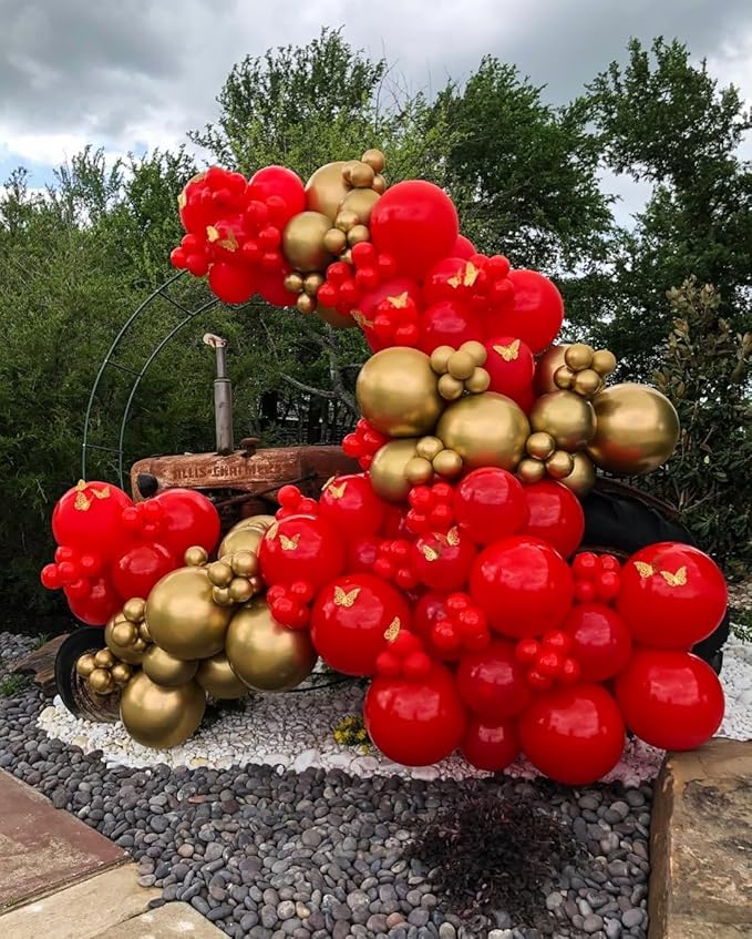 153Pcs Red and Gold Balloons Garland Arch Kit with Stars - 22 18 12 10 5 inch Different Size Red Metallic Gold Confetti Latex Balloon for Birthday Valentine's Day Wedding Party Decorations