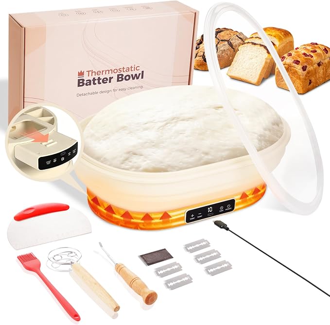 XPXKJ Heating Bread Proofing Basket Set Foldable Thermostatic Silicone Bowl with 77-122℉ 6 Gears Temperature & 6H Timer, Baking Sourdough Starter Bread Making Supplies Tools Kit (13.7×10.2×4.3'')
