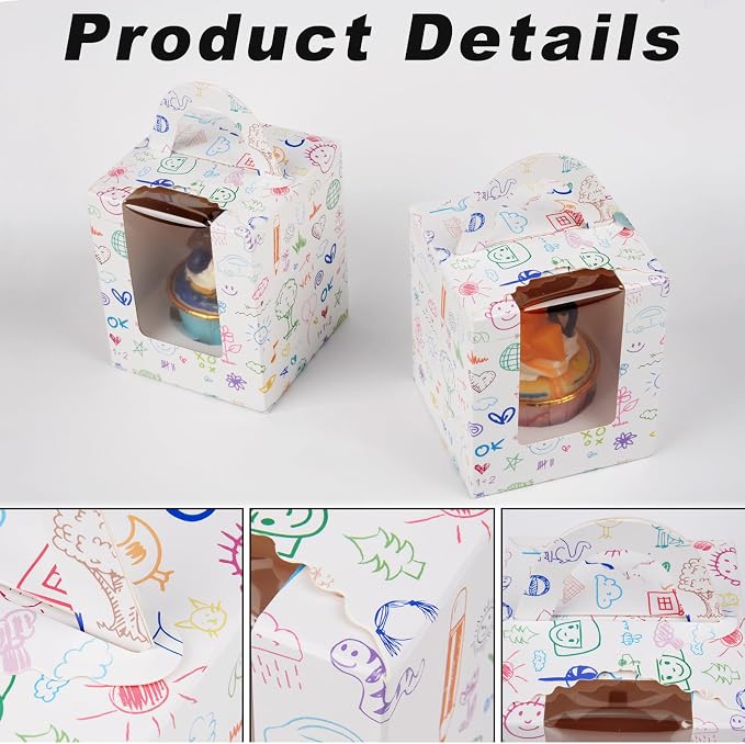 KEYIDO 30 Pcs Individual Cupcake Boxes Graffiti Pattern Single Cupcake Boxes 1 Hole Cake Box with Clear Window Inserts and 2 Sheets of Stickers for Wedding Birthday Party Favors