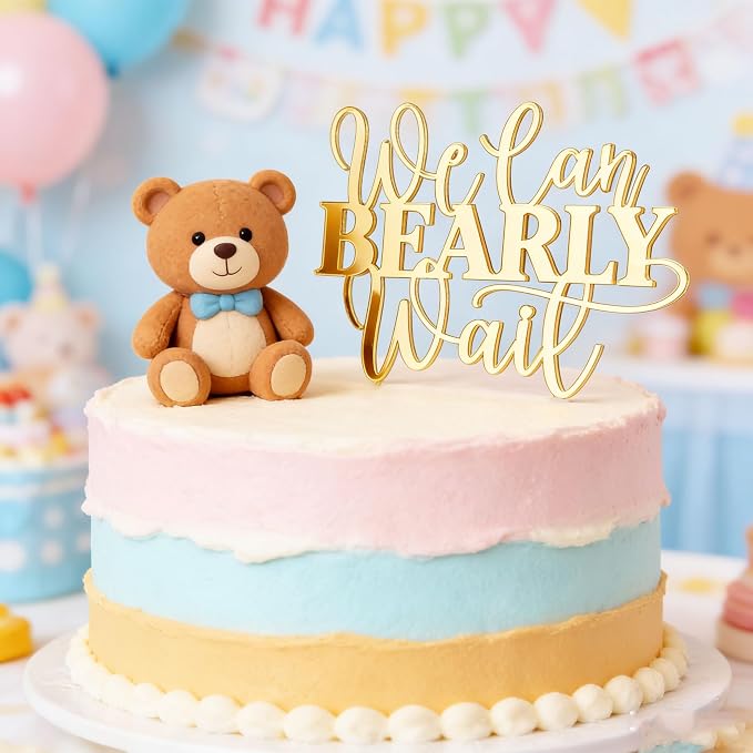 "We Can Bearly Wait" Baby Shower Cake Topper, Gold Acrylic Bear Theme Party Cake Topper, Welcome Baby,Pregnancy Announcement,Baby to Be for Baby Shower Party Supplies,Gender Reveal Photo Props