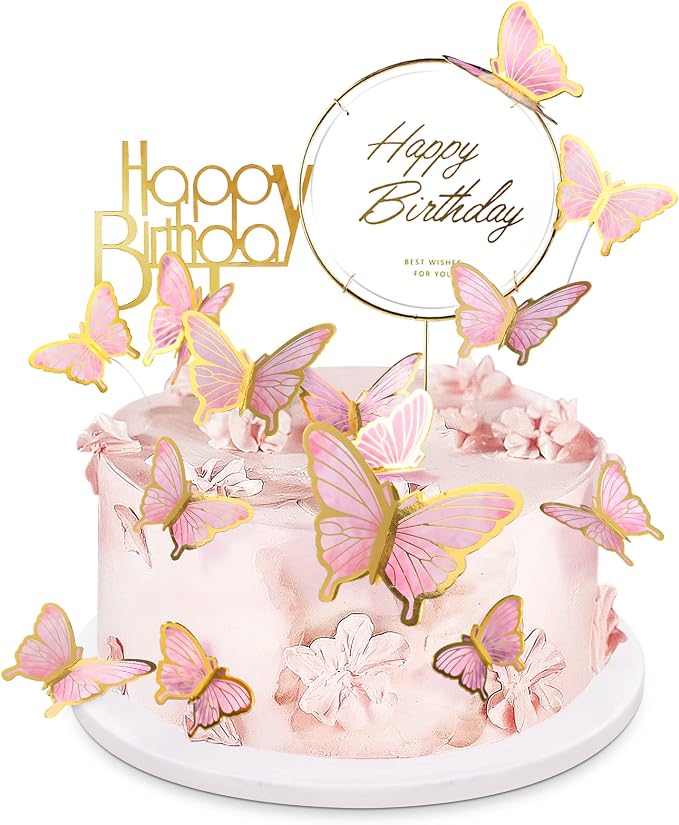 22-Pieces Butterfly Cake Decorations With Happy Birthday Acrylic Cake Toppers for Baby Shower Wedding Birthday Party Decor (Pink)
