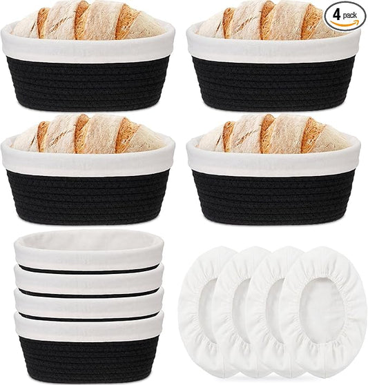 4 Pcs 10 Inch Bread Proofing Basket Set Cotton Rope Oval Banneton Basket Sourdough Bread with Liners Covers for Baking Supplies (Black)