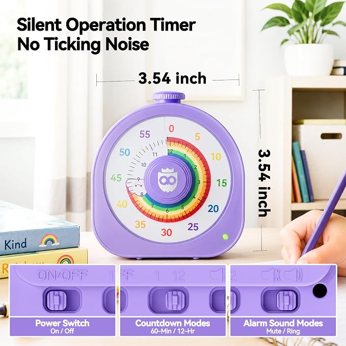 Visual Timer for Kids and Adults 60 Min/12 Hour Rechargeable Countdown Timer with Magnetic Sticker and Mute Function Kids Pomodoro Timers for Classroom Office Kitchen Silent Operation & Rainbow Disk