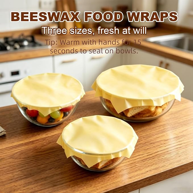 2-Pack Beeswax Bread Bags & 3 Wraps for Sourdough & Homemade – Fold Buckle | Natural cotton, 17x13 in bag with roll & buckle. Includes 3 wraps S/M/L. Reusable, freezer safe, washable, keeps bread fresh.