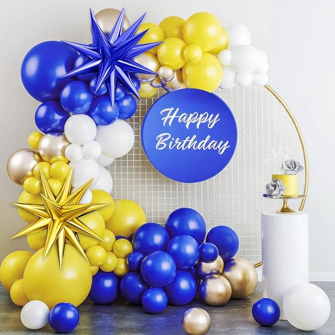 Blue Yellow Balloon Arch Kit, Royal Blue and Yellow White Balloons Garland Kit with 4D Foil Star Balloons, yellow blue Balloon for Baby Shower Anniversary Birthday Wedding Graduation Party Decoration