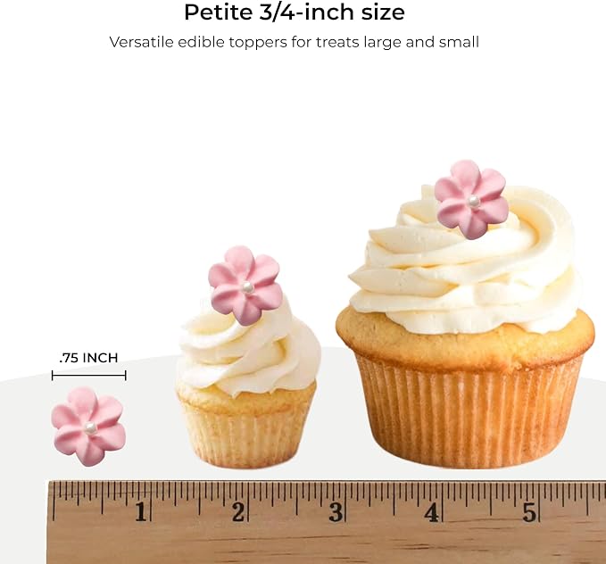 Mini Edible Royal Icing Flowers (72 Count), Petite Edible Flower Cake Decorations, Edible Flowers for Cupcakes, Flowers with Pearl Sprinkles for Cakes & Cupcakes, Global Sugar Art (Pink, 72 Count)