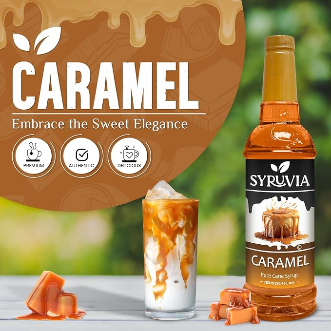Syruvia Coffee Syrup, Caramel Flavored Syrup for Drinks, Lattes, and Desserts – 25.4 fl oz - with Pump