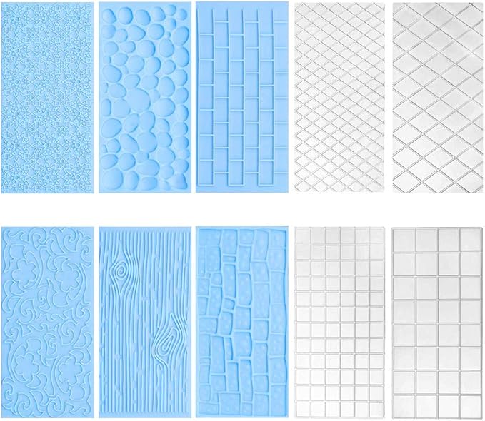10 Set Fondant Impression Mat Mold Lace Embossing Mat Tree Bark/Brick Wall/Flower/Stone Wall Fondant Impression Mats Texture Design for Cupcake Border Decoration