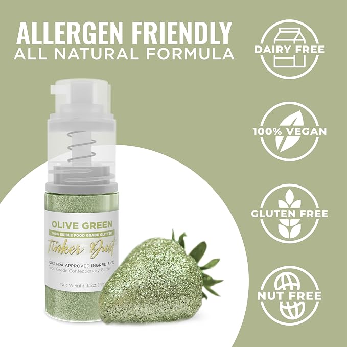 Bakell - Olive Green Tinker Dust (4g, 1x Mini Spray Pump) Edible Glitter for Food, Desserts, and Baked goods!