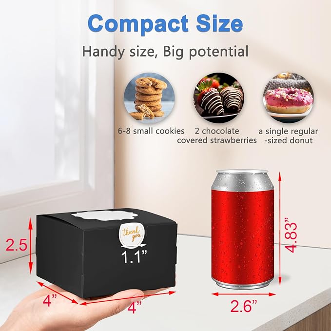Shallive 4-Inch Small Cookie Boxes 25 Pcs Black - Bakery Treat Boxes with Window for Graduation Gifting, To-go Tins for Cake Slice, Macarons, Donuts 4x4x2.5 Inch