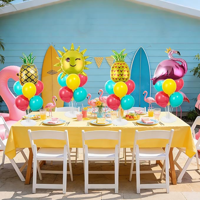4 Sets Summer Tropical Party Balloons Stand Kit with Pineapple Flamingo Foil Balloons Hawaiian Party Balloon Centerpiece for Tables for Summer Beach Hawaiian Birthday Decorations
