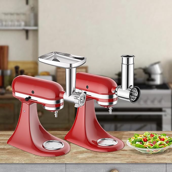 Meat Grinder & Stainless Steel Slicer Shredder Attachment for KitchenAid Stand Mixer, Includes Metal Food Grinder Attachment with Sausage Stuffer Tubes and Salad Machine Accessory by InnoMoon