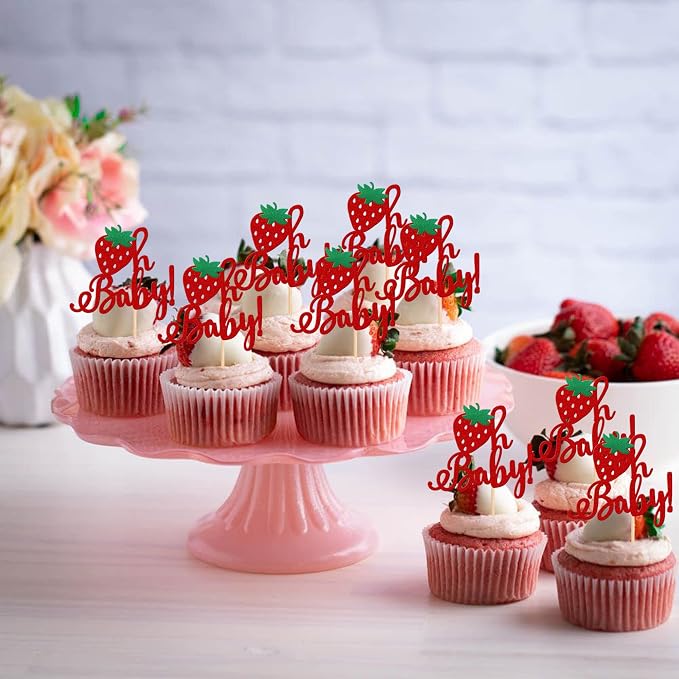 24 PCS Strawberry Oh Baby Cupcake Toppers Glitter Fruit Theme Oh Baby Strawberry Cupcake Picks for Gender Reveal Baby Shower Kids Boys Girls Birthday Party Cake Decorations Supplies Red