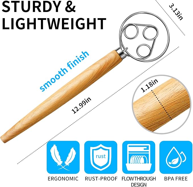 TEEVEA Danish Dough Whisk Stainless Steel for Sourdough Bread Baking | Wooden handle, sturdy stainless steel ring; ideal for sourdough, pizza dough & pastry, non-clumping mixing, easy to clean