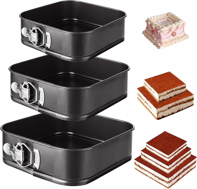 3 Pack Square Springform Pan Set, 8/9/10 Inch Nonstick Cheesecake Pans with Removable Bottom, Carbon Steel Square Cake Pans for Baking Cheesecake, Pizza, Quiche, Desserts