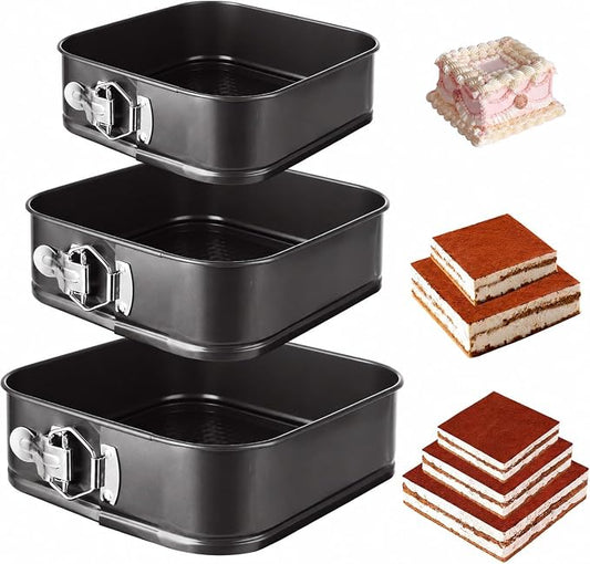 3 Pack Square Springform Pan Set, 8/9/10 Inch Nonstick Cheesecake Pans with Removable Bottom, Carbon Steel Square Cake Pans for Baking Cheesecake, Pizza, Quiche, Desserts