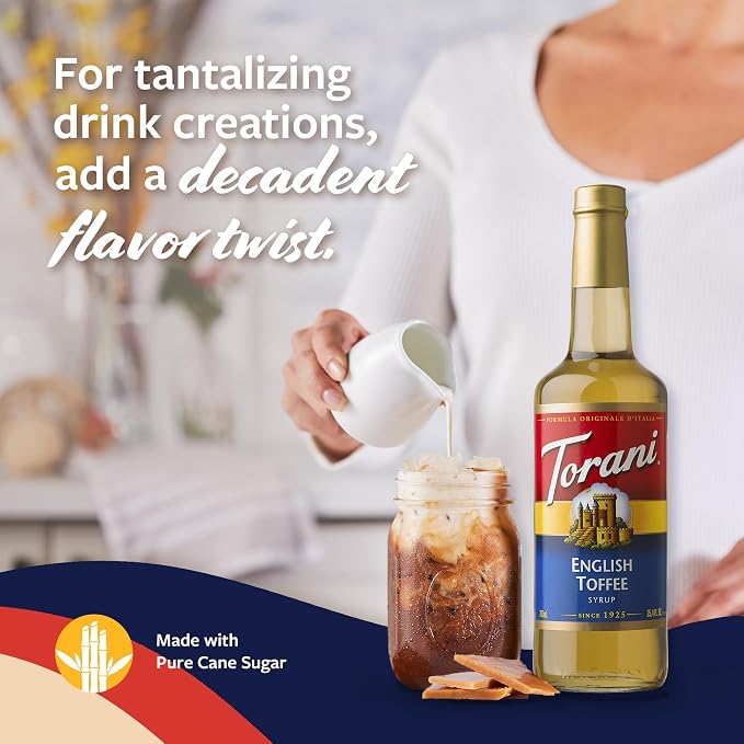 Torani Coffee Syrup, English Toffee Flavored Syrup for Drinks, Glass Bottle 4-Pack, Pumps Included, 25.4 Fl Oz Ea