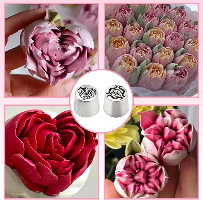 2 Extra Large Russian Piping Tip, 44mm Stainless Steel Rose Flower Nozzle for Cake Decorating, Frosting, Dishwasher Safe, Large Flower Icing Tips for Beginners & Pros (Rose and Heart)