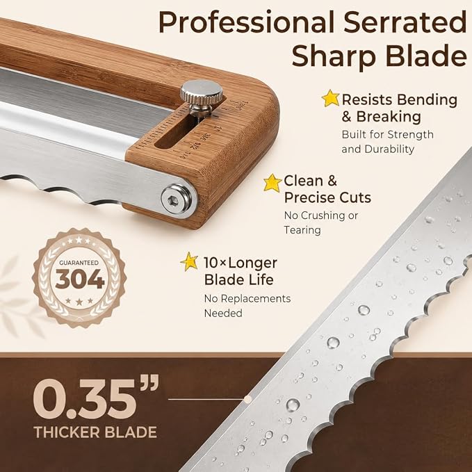 Adjustable Bread Knife for Homemade Bread - Bread Slicer with 1/2-inch and 1-inch Thickness Guides - 17 inch Bread Cutter-Bow Design （Natural Red Wood）