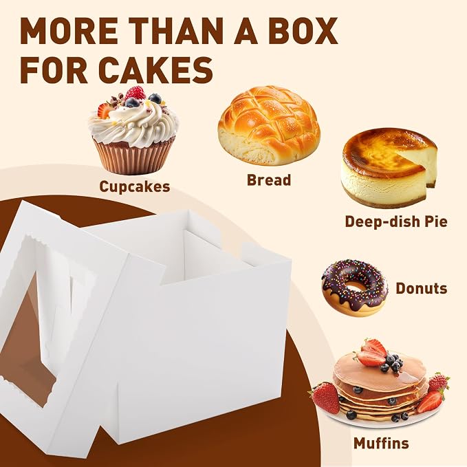 NEOACT 30Pcs Cake Boxes, 10x10x8 Inch Tall Bakery Boxes with Windows, Disposable Cakes Transport Containers with Lids for Cakes,Pie,Cupcakes, Pastry, Birthday, Wedding, Mother's Day