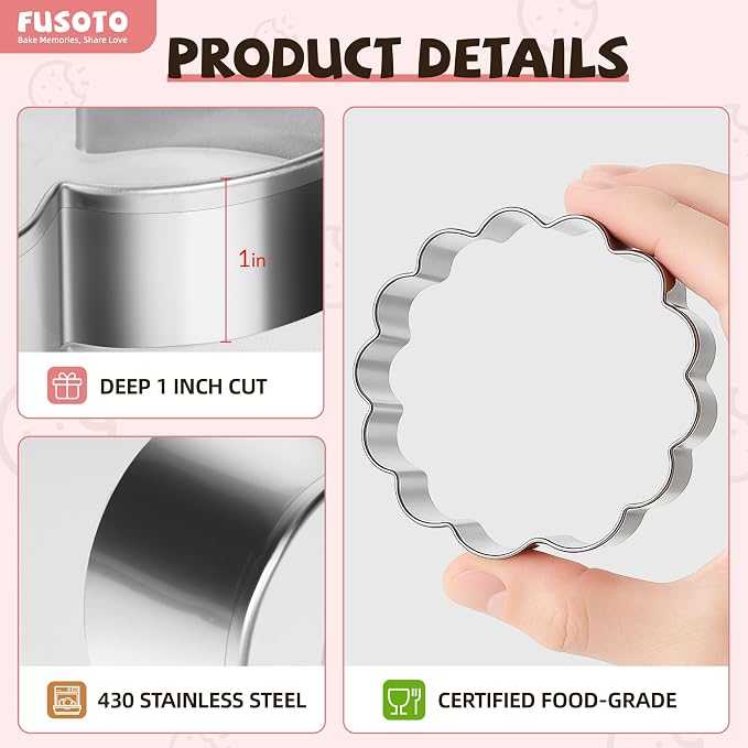 FUSOTO Round Cookie Cutter Set - 6 Piece Circle Shaped Geometric Circle Cookie Cutter for Kitchen Baking, Stainless Steel, (1.5", 2", 2.5", 3", 3.5", 4"), Round