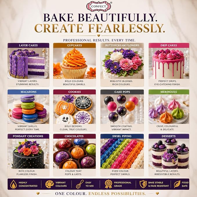 Confect Halloween – Spooky Bakes Gel Food Coloring Set – 12 Highly Pigmented Colors for Buttercream, Cakes, Cookies, Macarons & Baking – 10mL Bottles