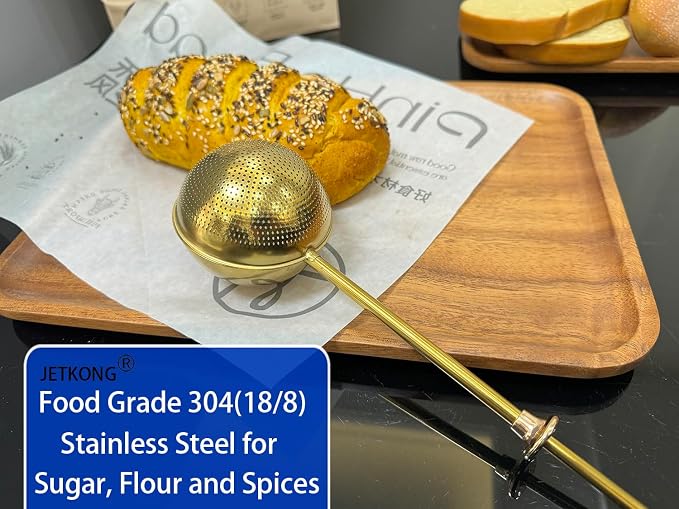 JETKONG 2 Pcs Flour Sifter, Stainless Steel Flour Duster for Bread Baking, Bakers Dusting Wand for Powdered Sugar and Spices (Small+Large, Gold)