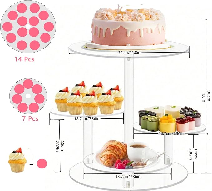 Cupcake Stand, 4 Tier Clear Round Cake and Cupcake Stand Combo for 8-12 Inch Cakes, Tiered Cupcake Tree Tower,Dessert Display Stand for Wedding Birthday Party