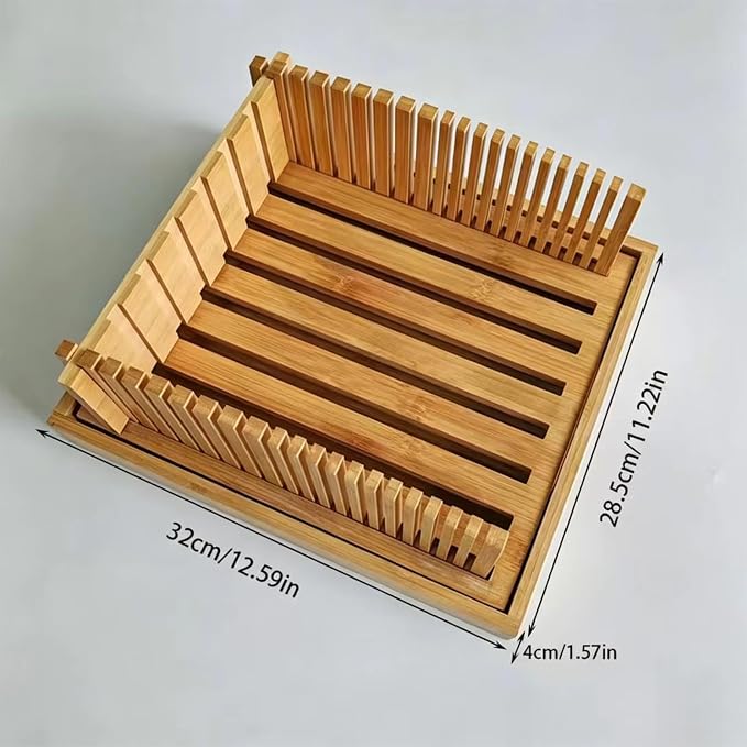 Foldable Bamboo Bread Slicer Adjustable Guide with Crumb Tray for Sourdough | Adjustable Slicing Guide Built-In Crumb Tray Natural Bamboo Board Better Slices, Less Mess Compact for Easy Storage
