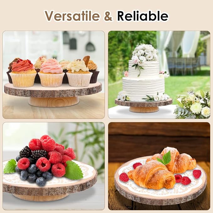 ShineZoom Wood Cake Stand Rustic Rotating Cake Stand 12 Inch Cake Turntable/ Dessert Display Stand Wooden Cake Stands for Wedding/ Party/Baby Showers/ Reception/Decor