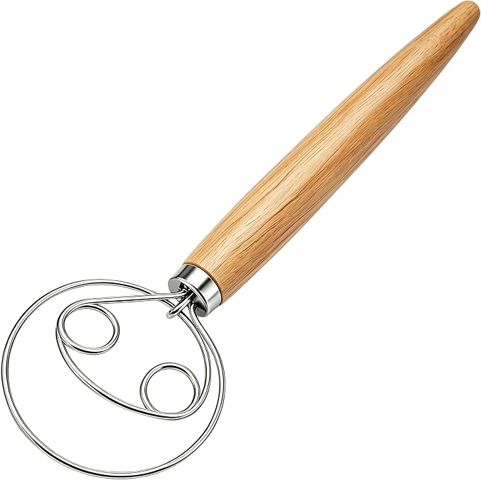 Danish Dough Whisk Stainless Steel Wood Handle for Sourdough Bread | Food Grade Stainless Steel; Dutch Whisk Dough Hook Alternative; Hand Dough Mixer Stirrer; No Lumps Mixing; Dishwasher Safe