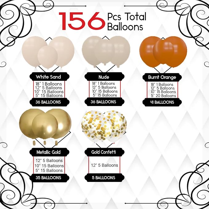 Archloon 156pcs Burnt Orange Balloon Garland Arch Kit, Different Sizes 18 12 10 5inch White Sand Nude Latex Metallic Gold Confetti Fall Thanksgiving Balloons for Baby Shower Birthday Party Decorations