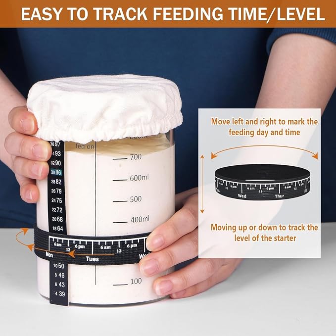 Sourdough Starter Jar Glass, 34 Oz DIY Wide-mouth Pro Sourdough Starter Jar Kit with Silicone Spatula,Cholkboard Sign, hermometer,Feeding Band,cloth cover, Reusable Sourdough Bread Baking Supplies.