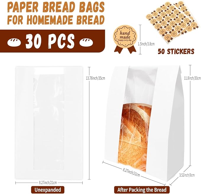 30 Pack Large Bread Bags for Homemade Sourdough Bread - Kraft Paper Storage Bakery Bags with Clear Window Bonus 50 Seal Stickers for Sourdough Sandwich (13.7x8.2x3.5 Inches, White)