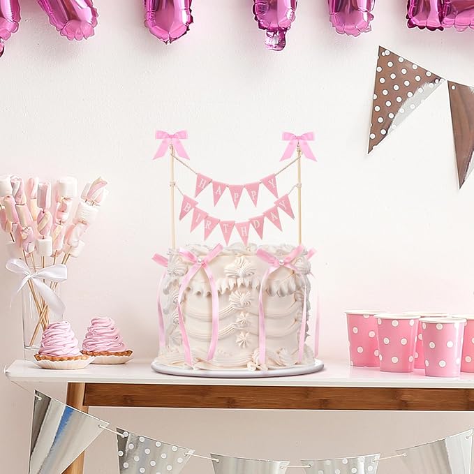 Honeydak 11 Pcs Pink Bow Ribbon Cake Topper Happy Birthday Cake Bunting Topper with Wood Pole Handmade Pennant Flags with Bows Ribbon for Birthday, Bridal Party Decoration